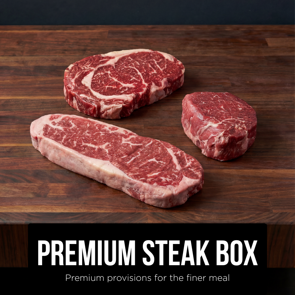 Premium Steak Box: Filet Mignon, Ribeye & NY Strip